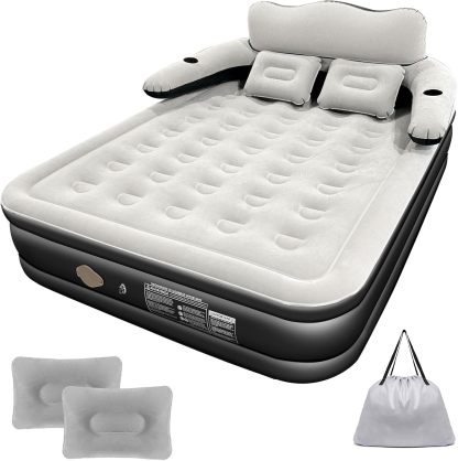 HEEDU Colchón de Aire Inflable con Cabecero, Bomba de Aire Eléctrica Inalámbrica, 2 Almohada Inflable, Inflado Rápido Automático, Cama Inflable Queen para Hogar, Viajes y Camping