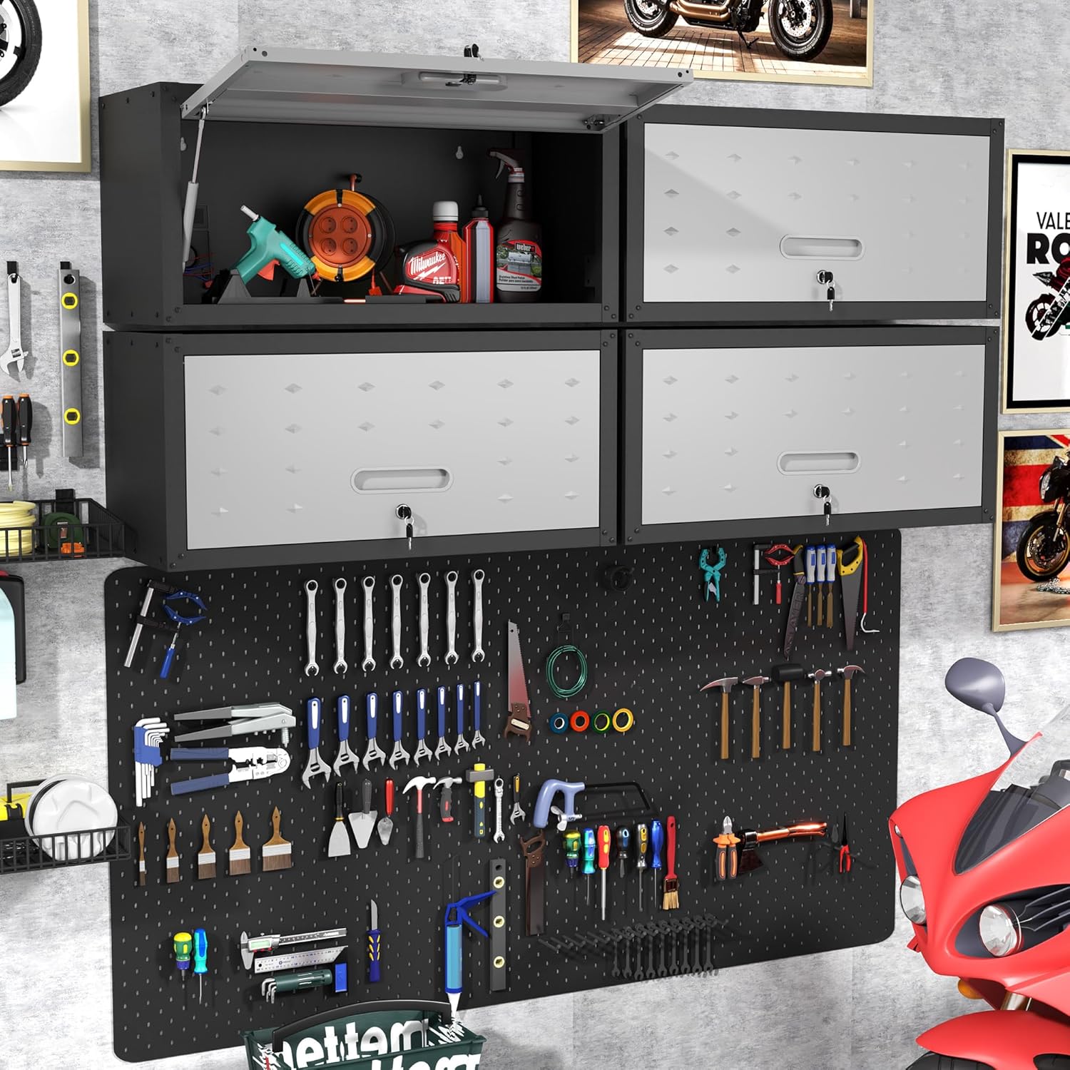 BIZOEIRON - clóset de almacenamiento de metal con ruedas, clóset de cochera con 1 puerta y 4 cajones, almacenamiento de herramientas rodantes, requiere montaje, color negro