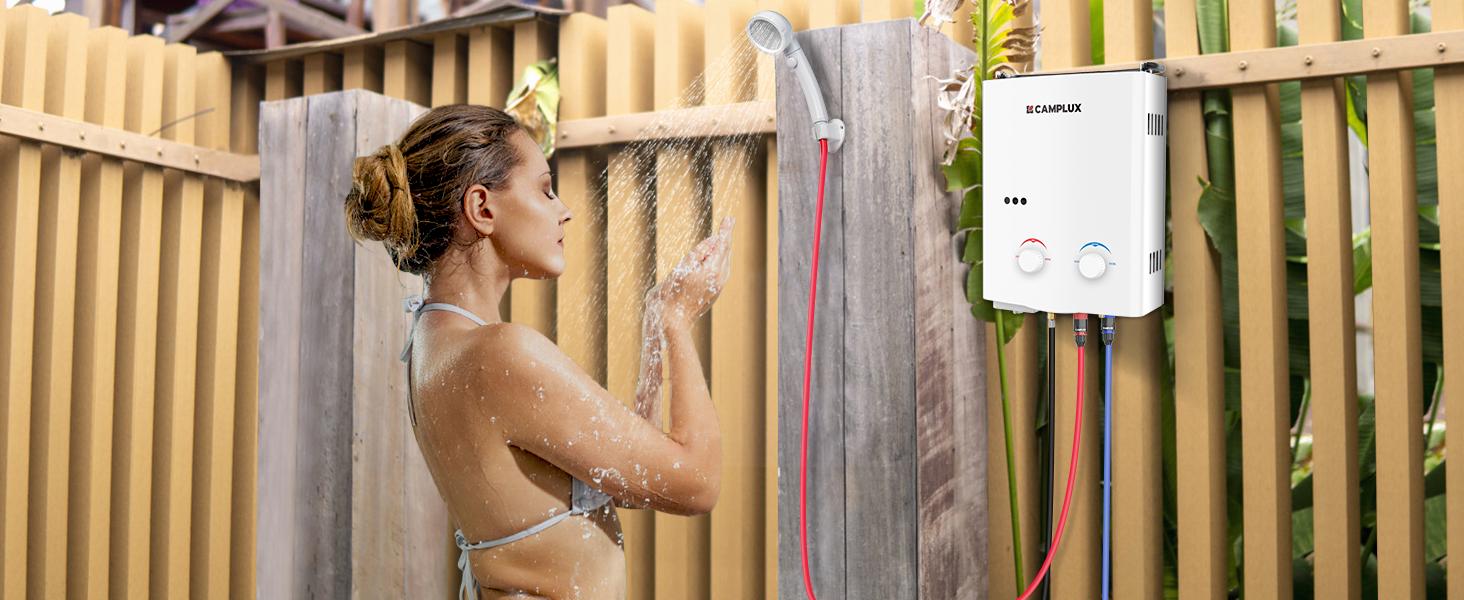CAMPLUX Multifunction Compact Handheld Portable Tankless Water Heater - 1.32GPM On-Demand Hot Water, Low Pressure Start for Camping Shower, Outdoor RV Use CAMPLUX Multifunction Compact Handheld Portable Tankless Water Heater - 1.32GPM On-Demand Hot Water, Low Pressure Start for Camping Shower, Outdoor RV Use