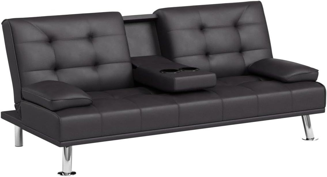 JUMMICO - Sofá cama plegable de piel sintética tapizada moderna y convertible con reposabrazos extraíbles, sofá reclinable ajustable con 2 portavasos para sala de estar (piel, café)