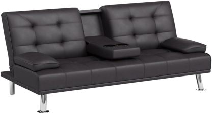 JUMMICO - Sofá cama plegable de piel sintética tapizada moderna y convertible con reposabrazos extraíbles, sofá reclinable ajustable con 2 portavasos para sala de estar (piel, café)