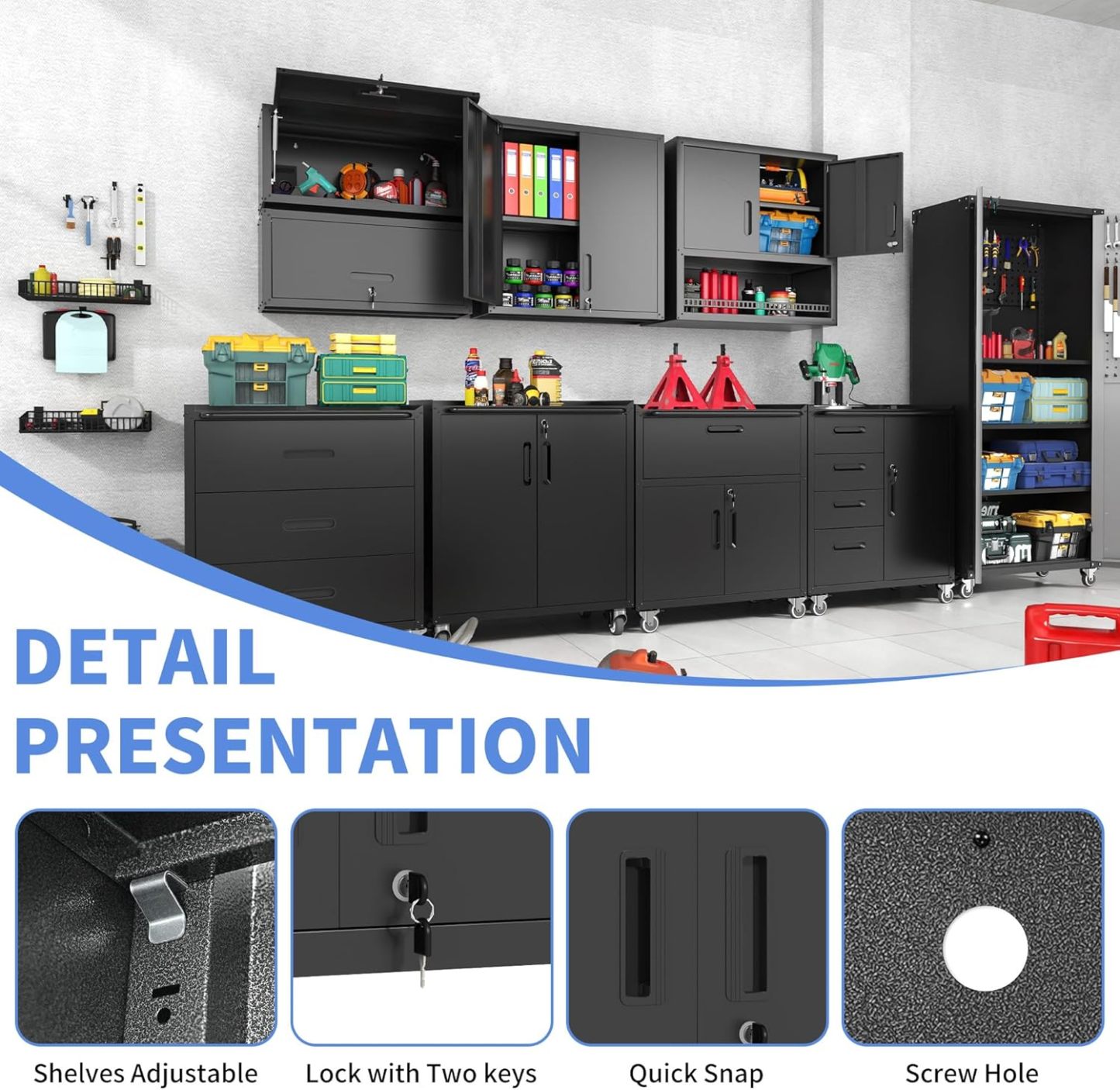 BIZOEIRON - clóset de almacenamiento de metal con ruedas, clóset de cochera con 1 puerta y 4 cajones, almacenamiento de herramientas rodantes, requiere montaje, color negro