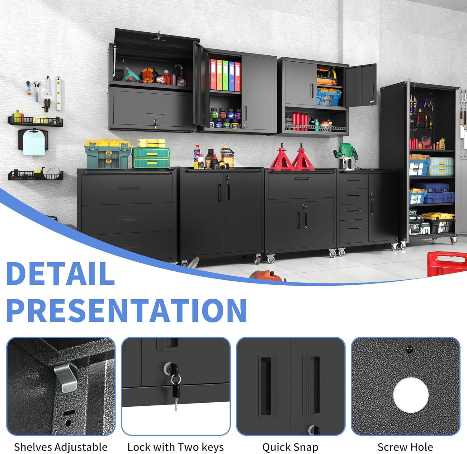 BIZOEIRON - clóset de almacenamiento de metal con ruedas, clóset de cochera con 1 puerta y 4 cajones, almacenamiento de herramientas rodantes, requiere montaje, color negro