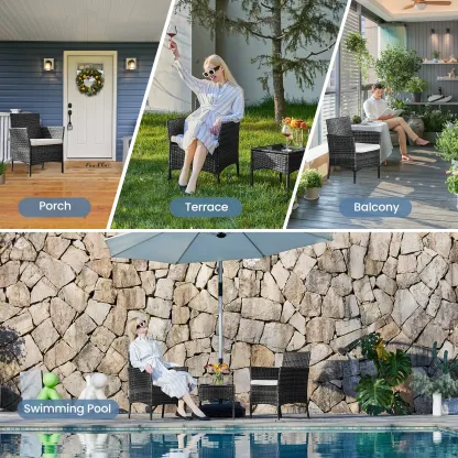 【Ofertas para ti】 Juego de muebles de patio de 3 o 4 piezas, muebles de exterior de ratán sintético (PE) con mesa de centro y cojines lavables; conjunto compacto tipo bistró ideal para balcones, jardines y zonas de piscina.