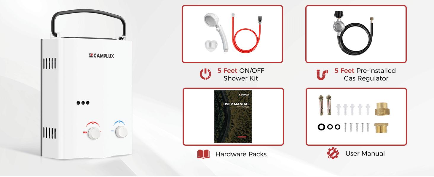 CAMPLUX Multifunction Compact Handheld Portable Tankless Water Heater - 1.32GPM On-Demand Hot Water, Low Pressure Start for Camping Shower, Outdoor RV Use CAMPLUX Multifunction Compact Handheld Portable Tankless Water Heater - 1.32GPM On-Demand Hot Water, Low Pressure Start for Camping Shower, Outdoor RV Use