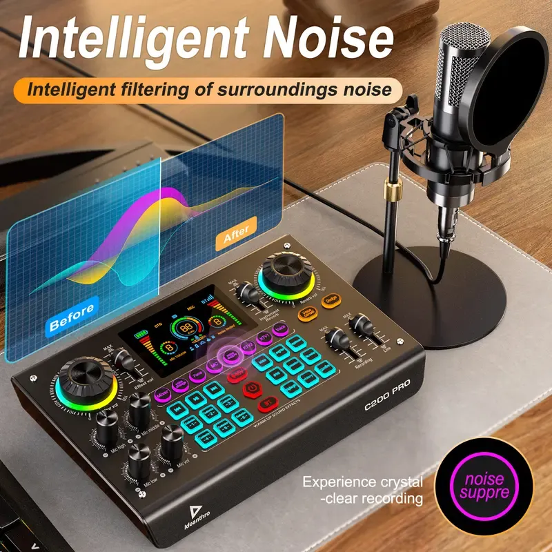 Kit de tarjeta de sonido Ideanthro C200 PRO-P15 | Procesador digital de señal (DSP) de doble núcleo | Mezclador de audio con conectividad para micrófono y auriculares | Cambiador de tono y voz ajustable | Equipo de streaming para PC y dispositivos móviles