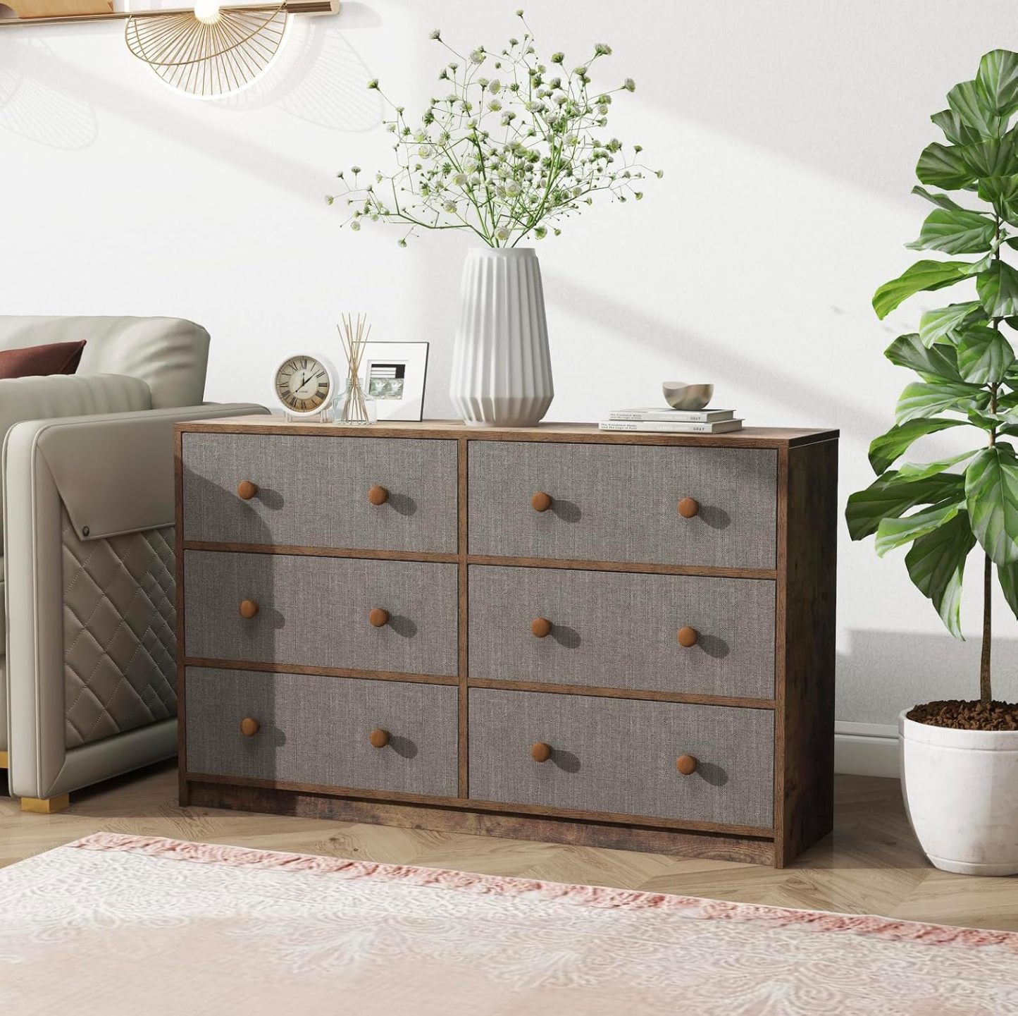 MU:4LIFE Cómoda Elegancia De 6 Cajones, Almacenamiento para Hogar Y Oficina, Organizador Cajonera De Estructura Madera y Cajones De Tela No Tejida y Cubiertas De MDF (Negro y Madera, 6 Cajones)