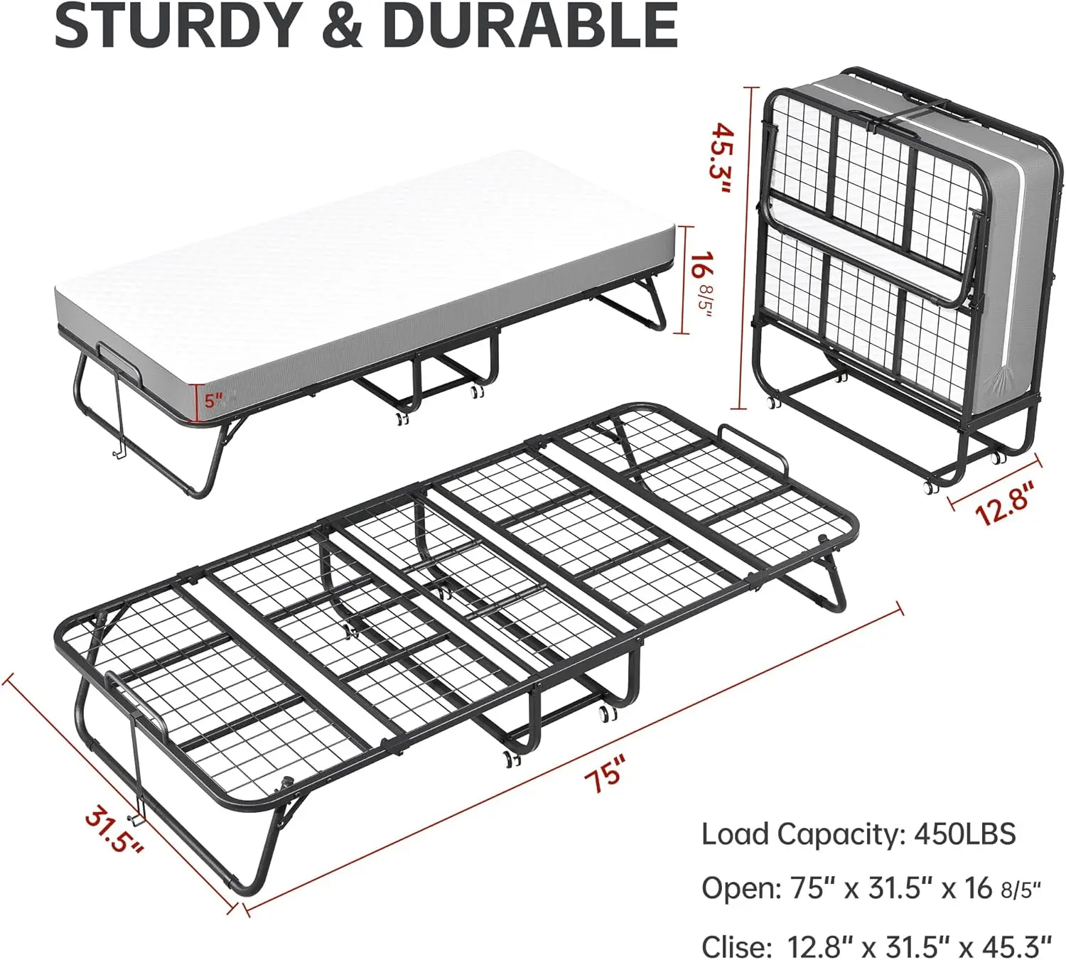 Cama plegable INTERGREAT con colchón, cama con ruedas