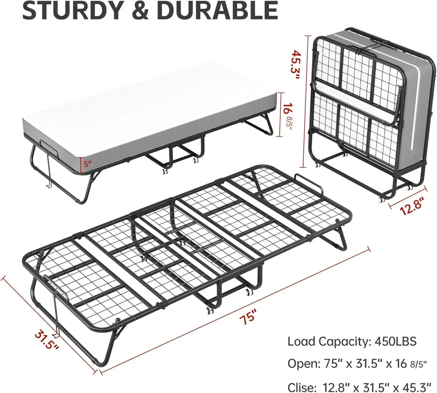 Cama plegable INTERGREAT con colchón, cama con ruedas