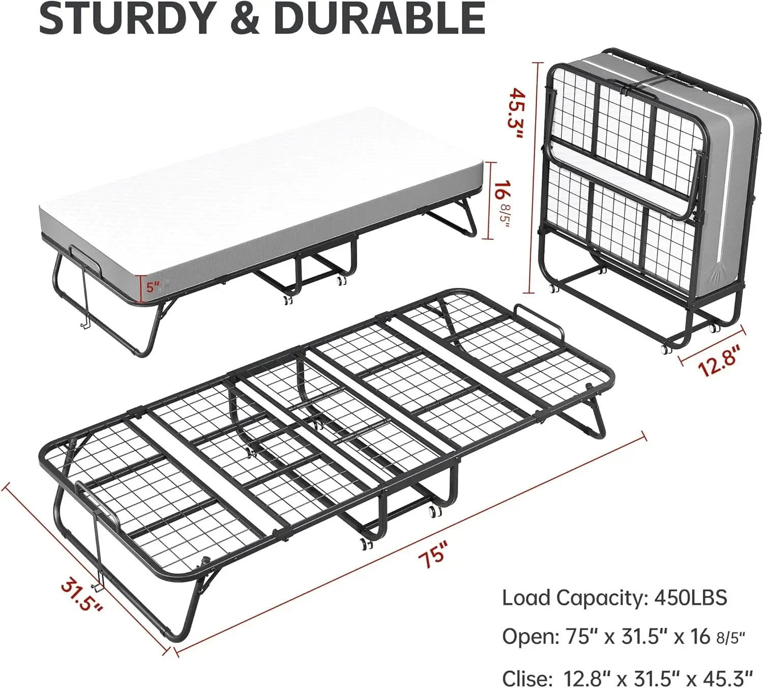 Cama plegable INTERGREAT con colchón, cama con ruedas