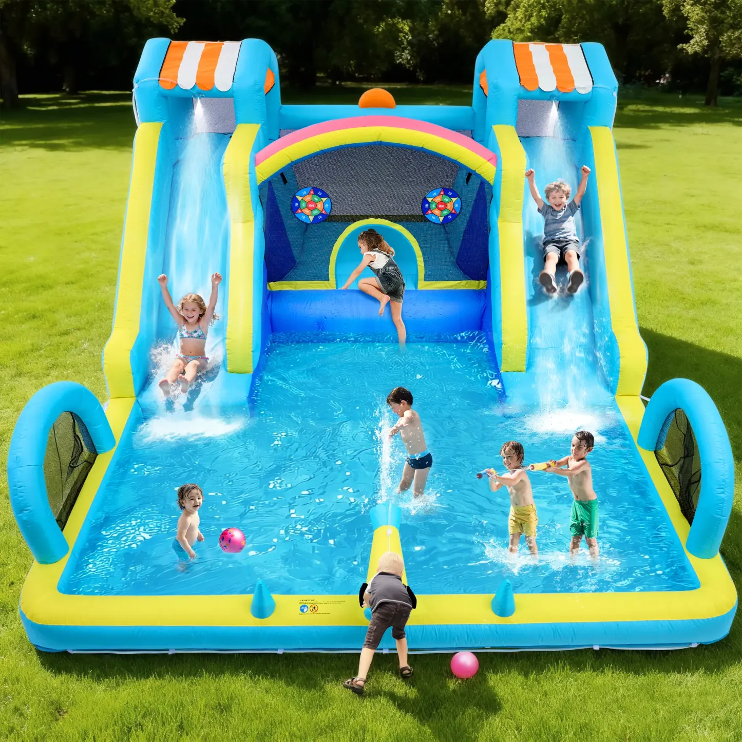 Tobogán acuático inflable con zona de saltos para niños: parque acuático y castillo hinchable de 15 x 12 pies para el jardín, con doble tobogán, piscina de chapoteo, canasta de baloncesto y soplador de alta resistencia; juguete de verano para exteriores.