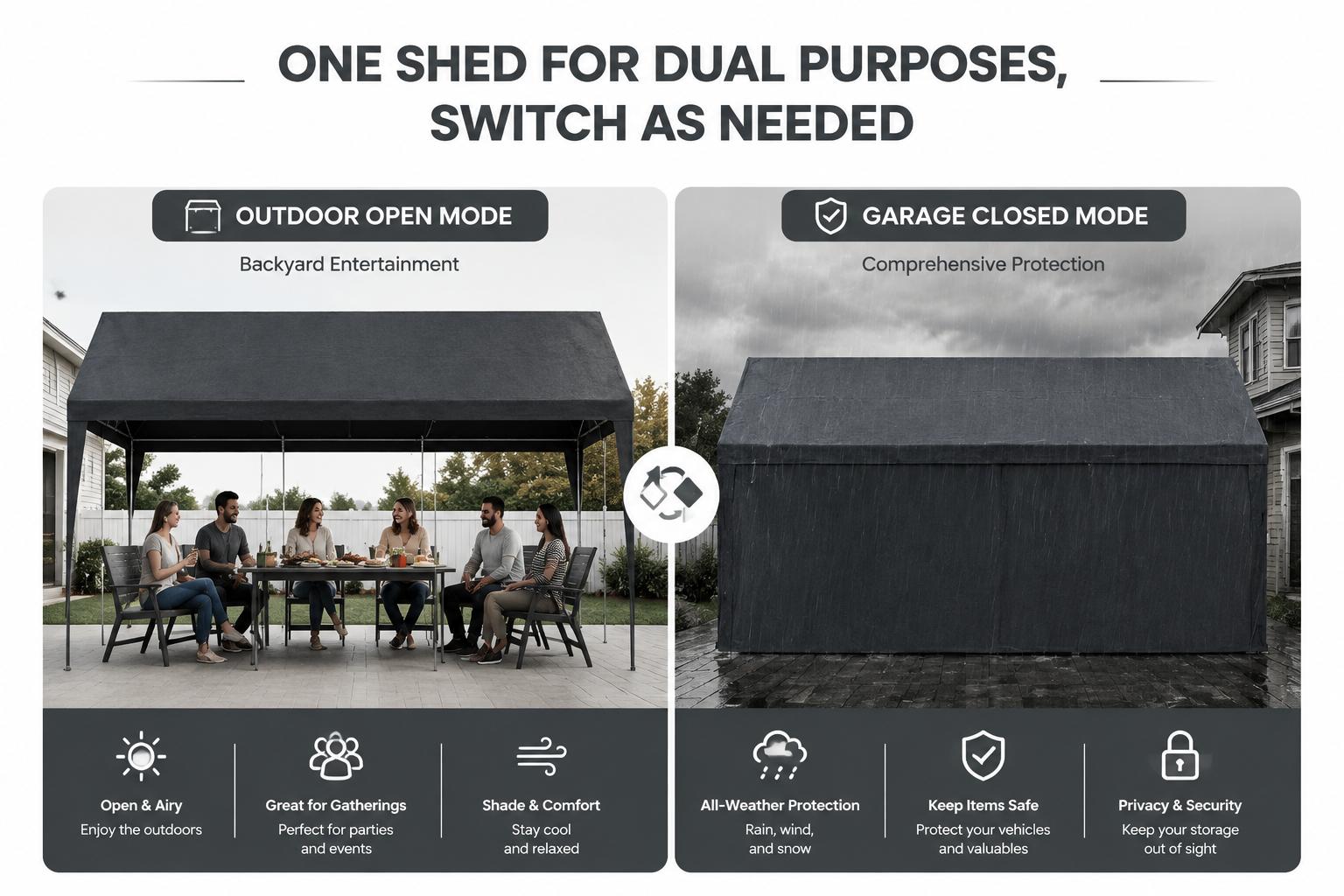 Walsunny Carport 12x20ft Outdoor Car Canopy Portable Garage, Heavy Duty Shed Tent Gazebo Port with Roll-up Ventilated Windows & Removable Sidewalls Shelter Storage Vehicle Party Moisture Prevention for Camp, Farm, Tool, Grey, Khaki, White,Durable Pvc