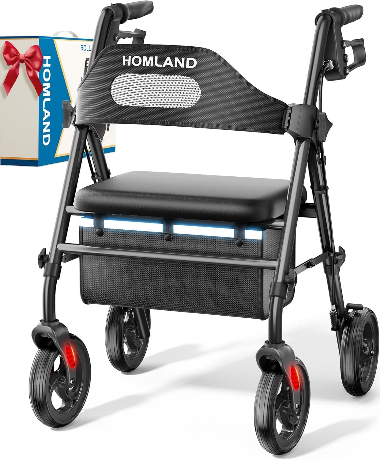 HOMLAND - Caminadores plegables con asiento para personas mayores, ruedas grandes de 8 pulgadas, 350 libras. Capacidad de peso, asas ajustables y altura del asiento, ligero caminante, color azul