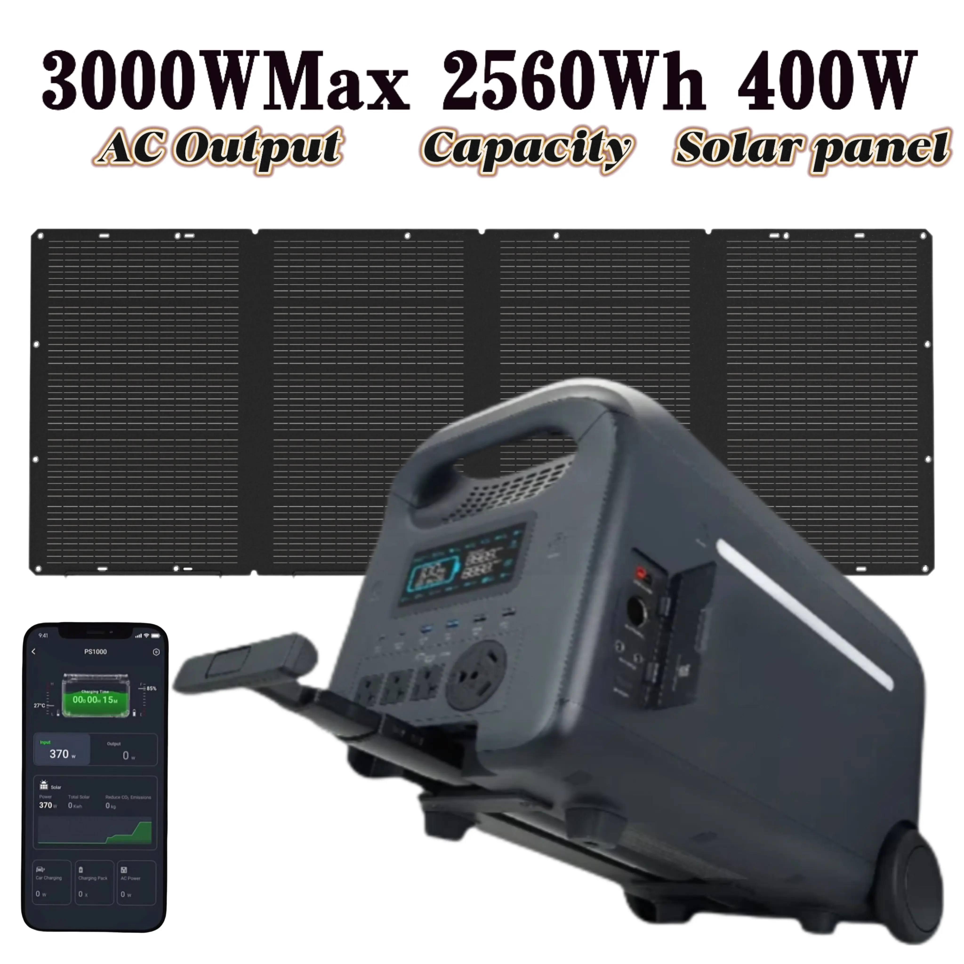 Estación de energía portátil de 3000 W con panel solar y control mediante aplicación