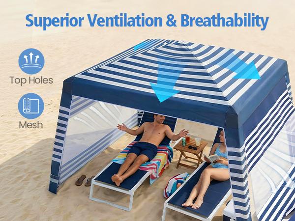 Beach Cabana, 8 * 8FT Beach Tent UPF50+ Protection, Easy Setup Beach Canopy Wind Resistant ,Compact Beach Shade Foldable Beach Tent Sun Shelter, Blue White，For Vacations,Summer Outdoor Beach Camping, Family&Friends