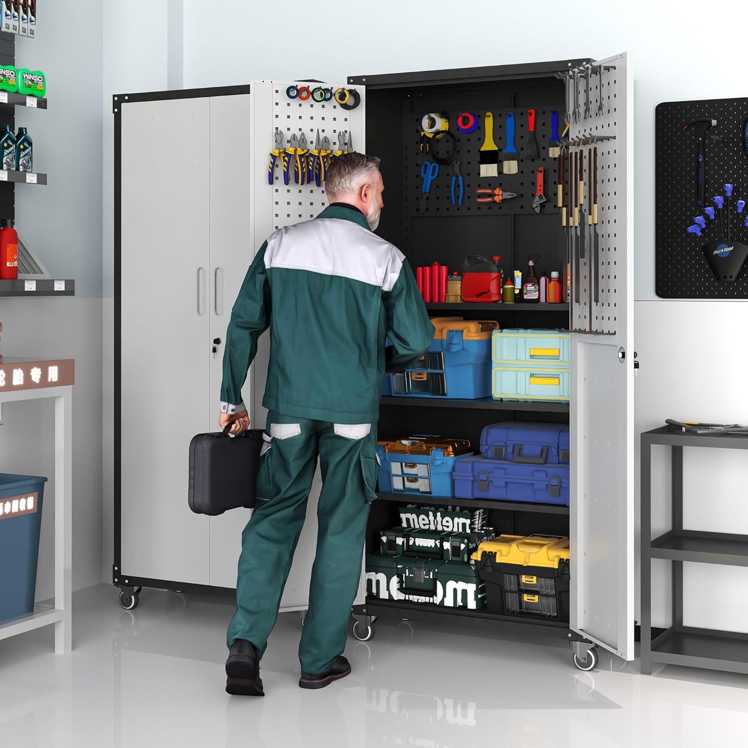 BIZOEIRON - clóset de almacenamiento de metal con ruedas, clóset de cochera con 1 puerta y 4 cajones, almacenamiento de herramientas rodantes, requiere montaje, color negro