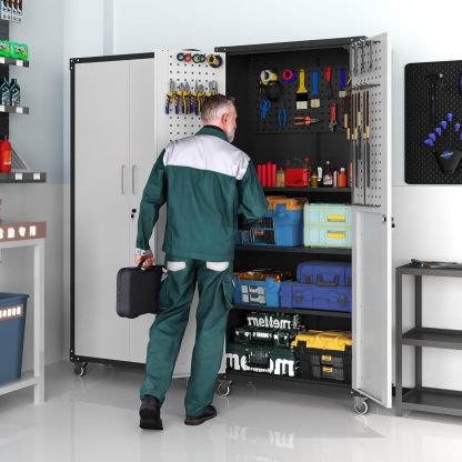 BIZOEIRON - clóset de almacenamiento de metal con ruedas, clóset de cochera con 1 puerta y 4 cajones, almacenamiento de herramientas rodantes, requiere montaje, color negro