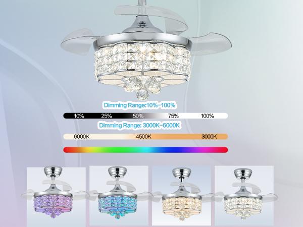 Zynfandor 30" RGB Crystal Retractable Ceiling Fan with Light Dimmable LED Chandelier, Remote & App Control, 6-Speed Timer, Memory Function for Bedroom Living Room,Silver Zynfandor 30" RGB Crystal Retractable Ceiling Fan with Light Dimmable LED Chandelier, Remote & App Control, 6-Speed Timer, Memory Function for Bedroom Living Room,Silver
