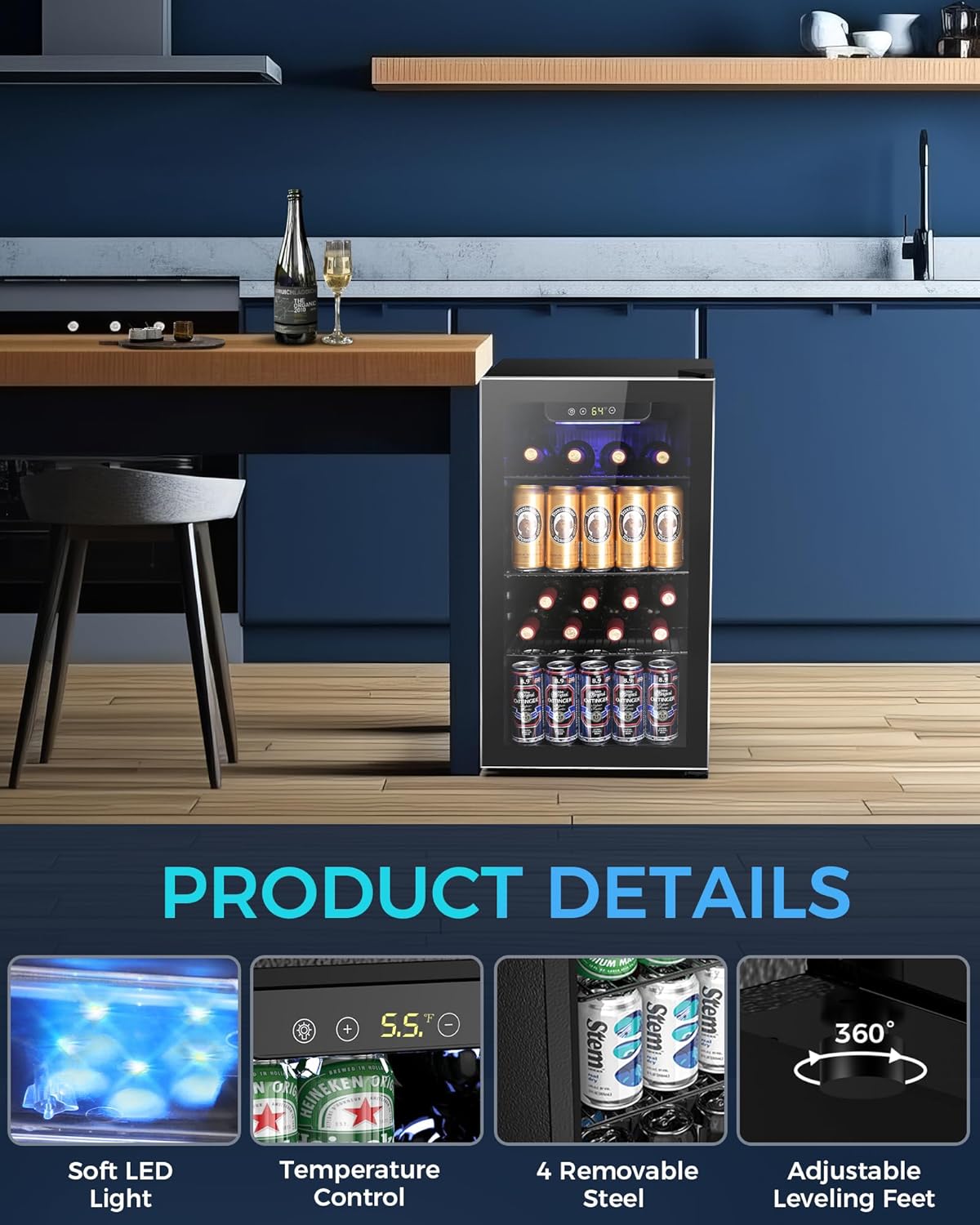 【Deals For You Days】COWSAR Beverage Refrigerator and Cooler, Mini Fridge 48-130 Can, Little Cooler with Digital Display 32~61℉, Small Refrigerator with 4 Shelves for Home Office, Bedroom, Garage, Game Room, 1.3-4.4 Cu.Ft