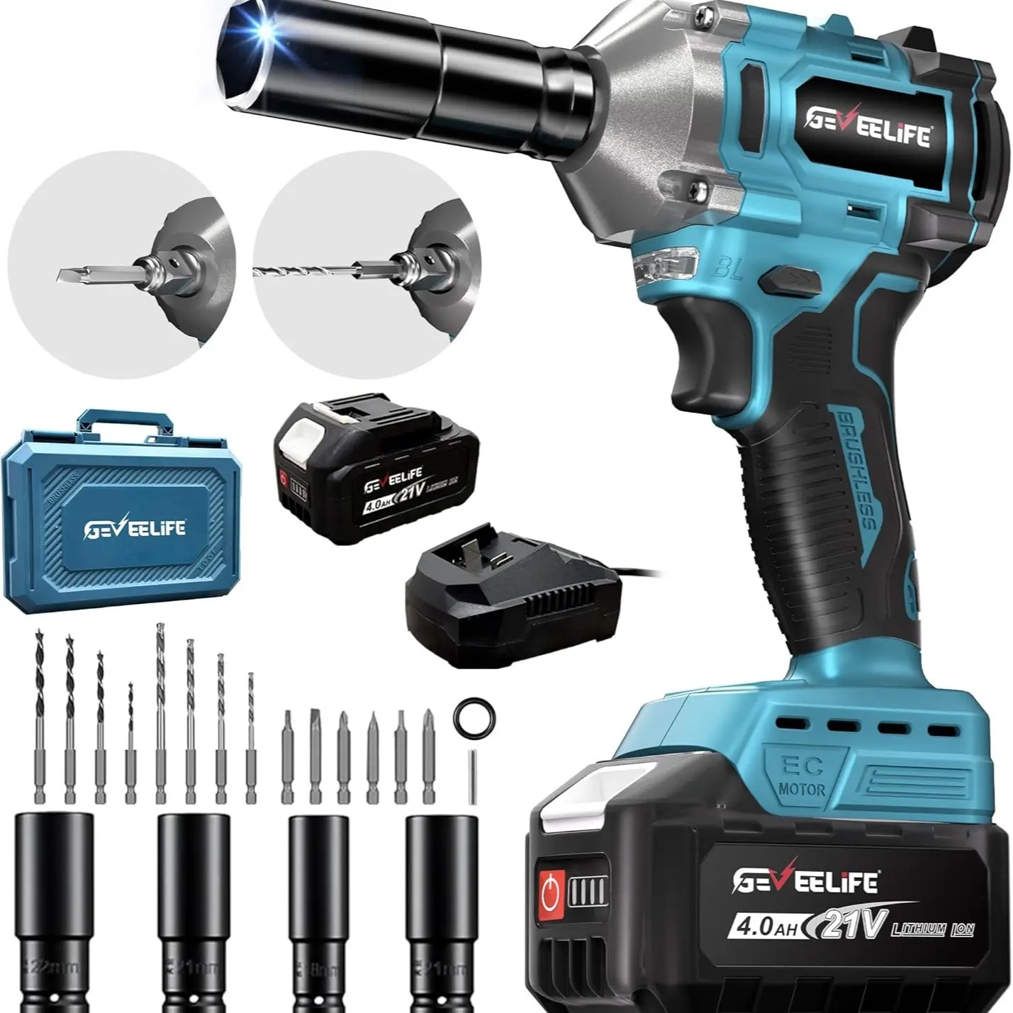 Pistola de impacto 3 en 1 de alto par: llave de impacto inalámbrica sin escobillas de 450 Nm (332 pies-libra) y 1/2", con batería de 4,0 Ah y 4 vasos; herramienta eléctrica para automóviles, montaje de muebles y mecánica.