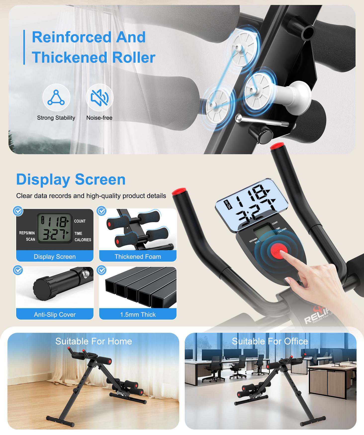 RELIFESPORTS Ab Machine with LCD Monitor, Foldable Core Workout Equipment, Adjustable Home Gym Trainer with Resistance Bands for Full Body Exercise