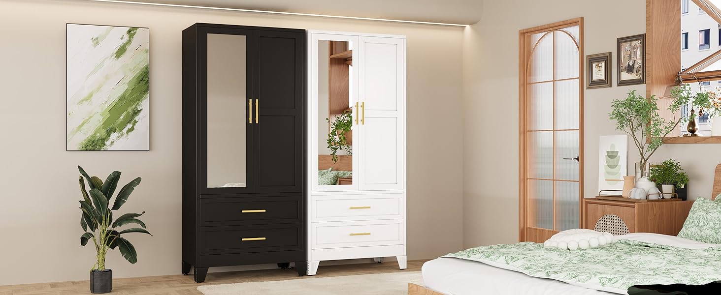 Metal Armoire Wardrobe Closet with 2 Drawers, 71" Wardrobe Cabinet with Adjustable Shelves and Hanging Rod, Clothing Storage Cabinet Closet with Mirror for Bedroom-White