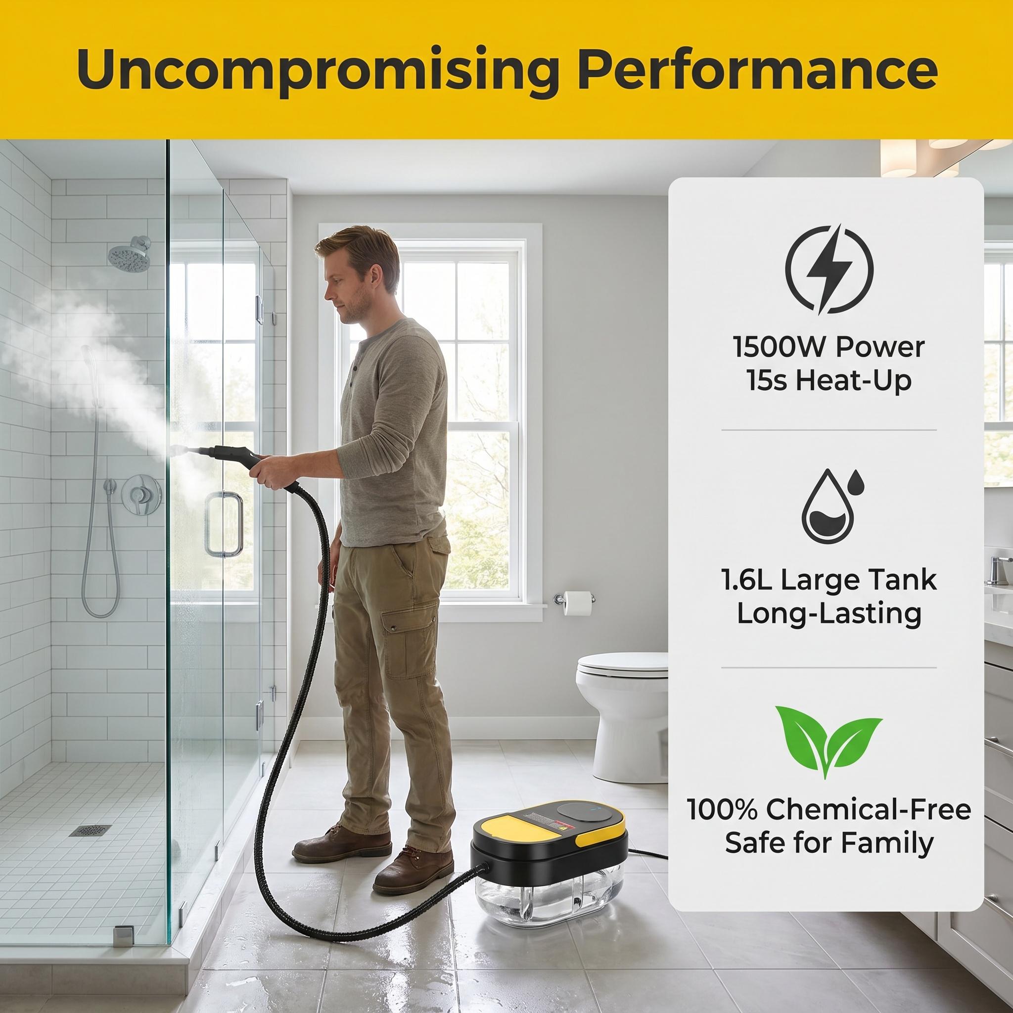 All-Purpose Steam Cleaner with 3-Level Adjustable Handle, Fast Heat-Up System, 1.7 Qt Large Water Tank, Portable Steam Cleaner with 15-Piece Accessory Kit for Floors, Tile, Grout, Kitchen, Bathroom, Car Interior & Tough Grease Removal