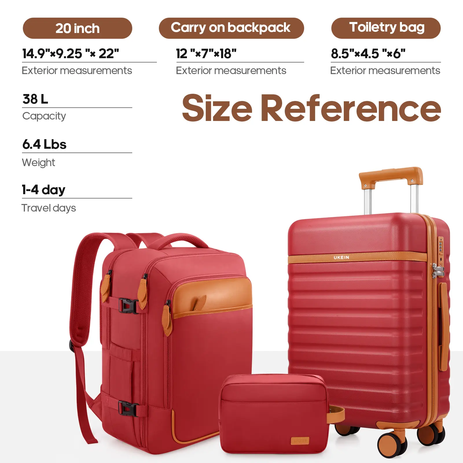 Juego de equipaje de 3 piezas UKEIN: maleta de mano de 20 pulgadas y mochila - Rosa