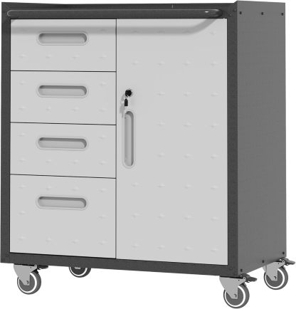 BIZOEIRON - clóset de almacenamiento de metal con ruedas, clóset de cochera con 1 puerta y 4 cajones, almacenamiento de herramientas rodantes, requiere montaje, color negro