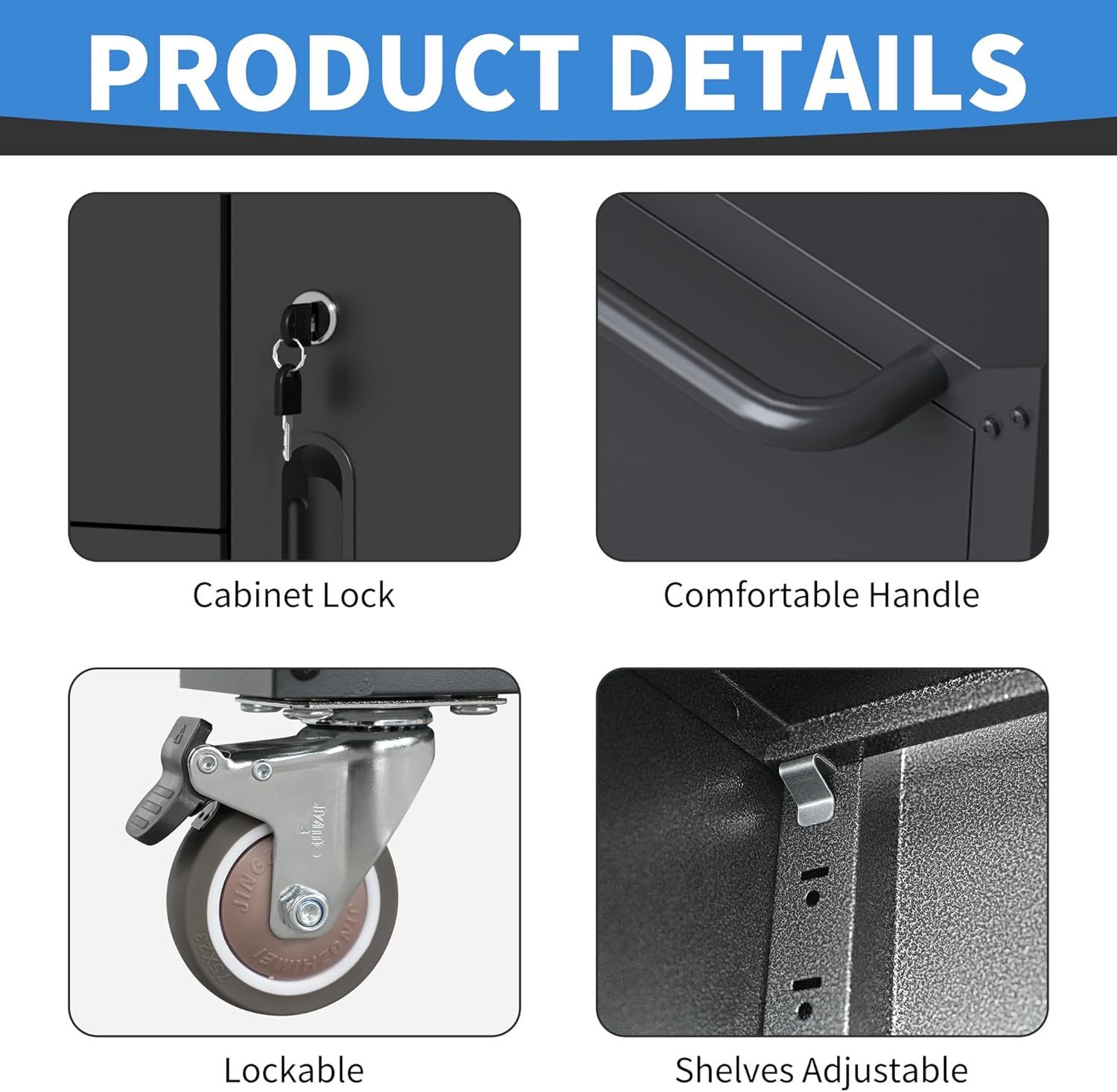 BIZOEIRON - clóset de almacenamiento de metal con ruedas, clóset de cochera con 1 puerta y 4 cajones, almacenamiento de herramientas rodantes, requiere montaje, color negro