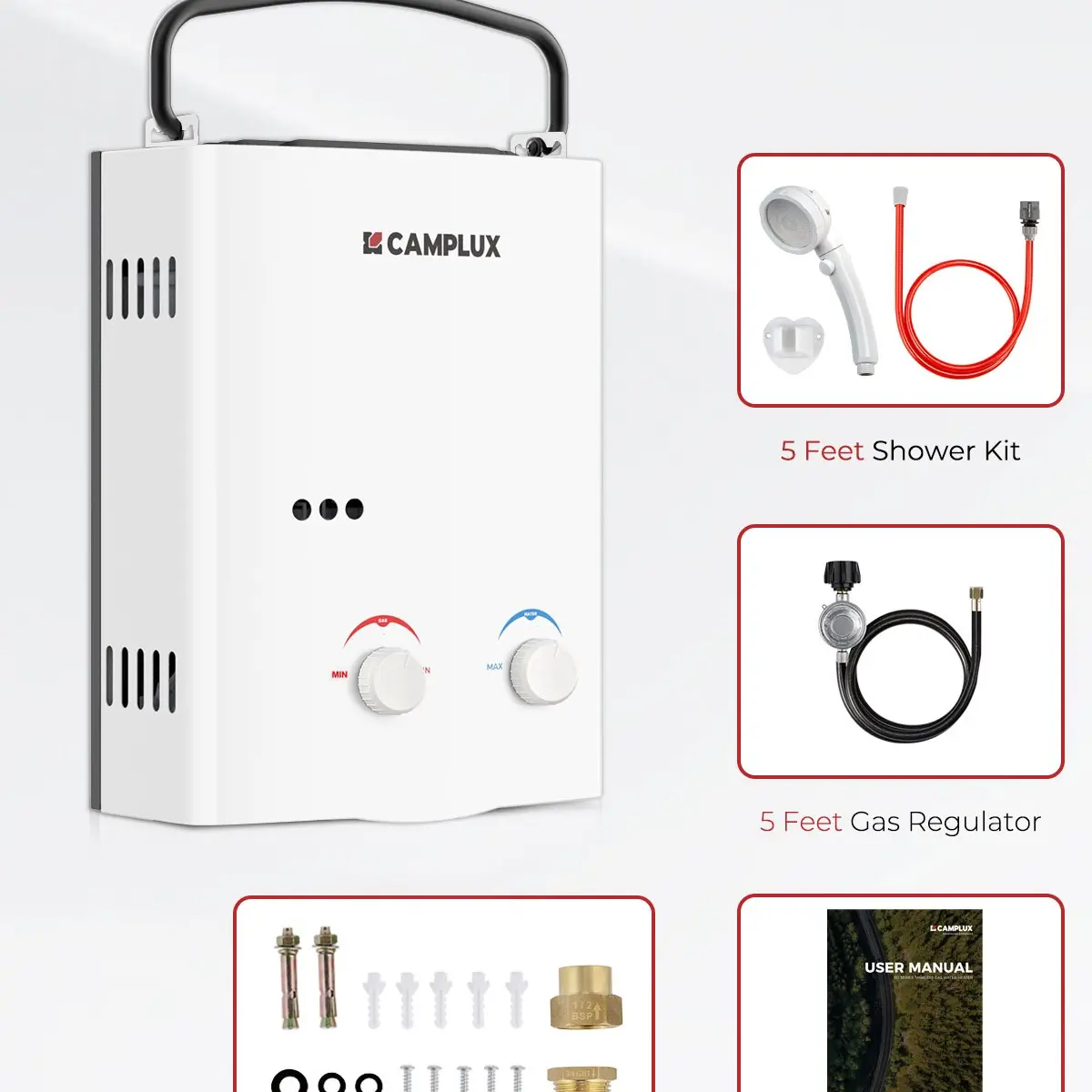 CAMPLUX Multifunction Compact Handheld Portable Tankless Water Heater - 1.32GPM On-Demand Hot Water, Low Pressure Start for Camping Shower, Outdoor RV Use