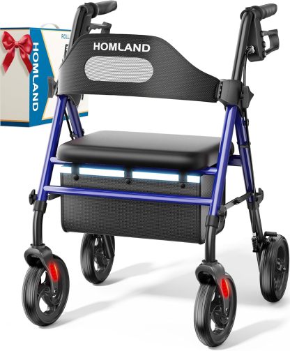 HOMLAND - Caminadores plegables con asiento para personas mayores, ruedas grandes de 8 pulgadas, 350 libras. Capacidad de peso, asas ajustables y altura del asiento, ligero caminante, color azul