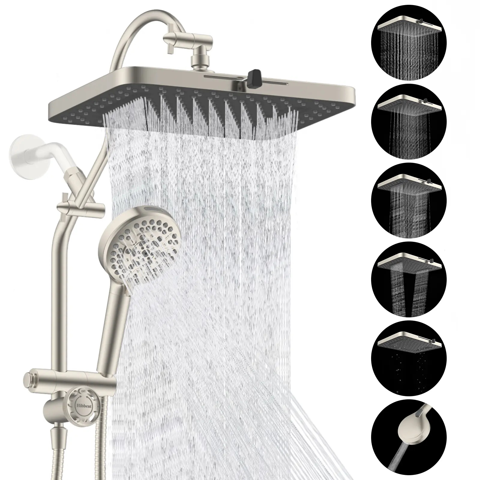 Conjunto de cabezal de ducha fijo cromado mejorado Hibbent - Ducha de lluvia de alta presión de fácil acceso de 13'', cabezal de ducha fijo de 5 chorros, ducha de mano de 10 modos, brazo de extensión de 12'', desviador de 4 vías, manguera de 71'', soporte
