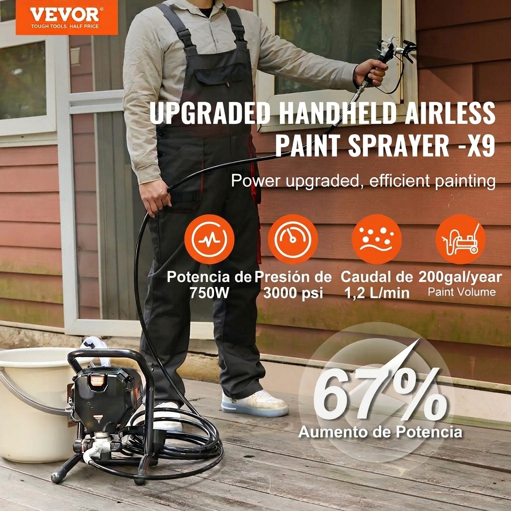 ⭐⭐Pulverizador vertical sin aire – 3000 PSI / 750 W, apto para pintar paredes interiores y exteriores, muebles y vallas | Pulverizador de mano con manguera(Garantía de 3 años)