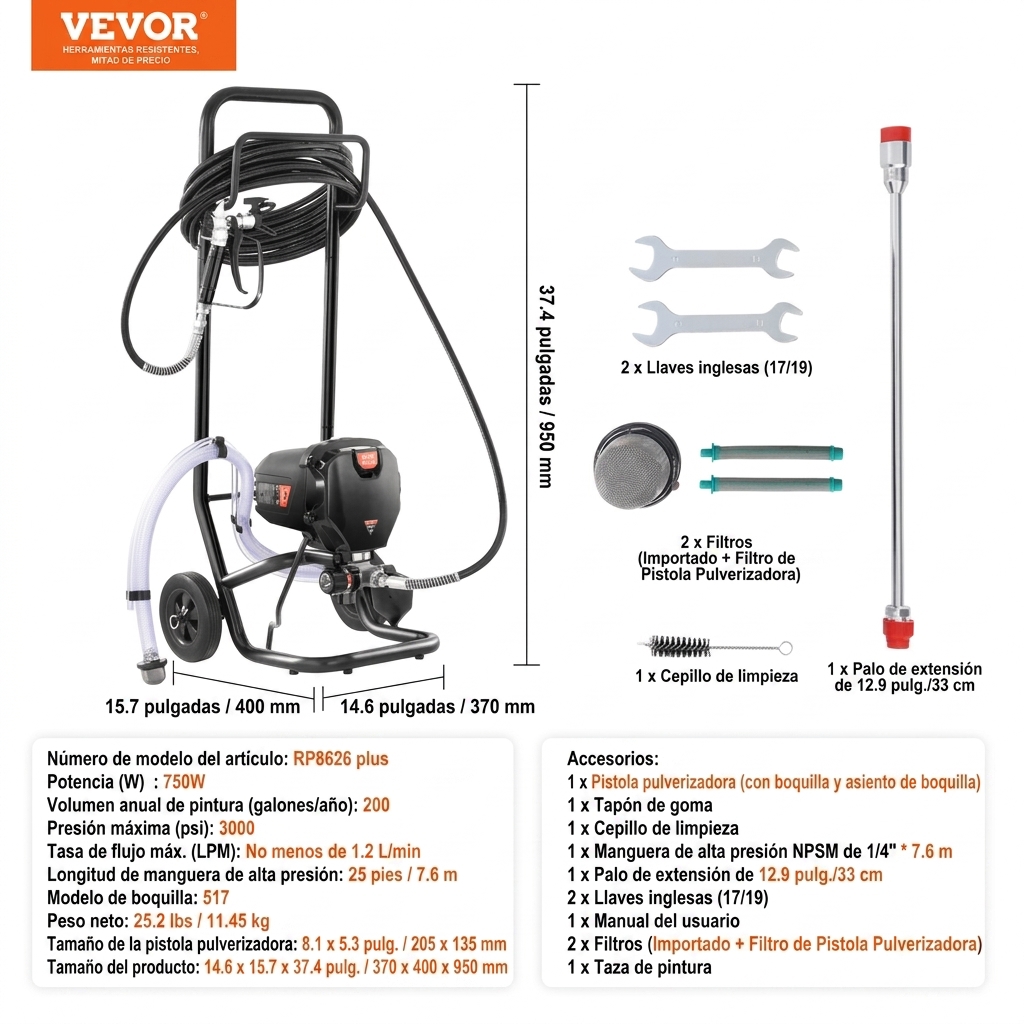 ⭐⭐Pulverizador vertical sin aire – 3000 PSI / 750 W, apto para pintar paredes interiores y exteriores, muebles y vallas | Pulverizador de mano con manguera(Garantía de 3 años)