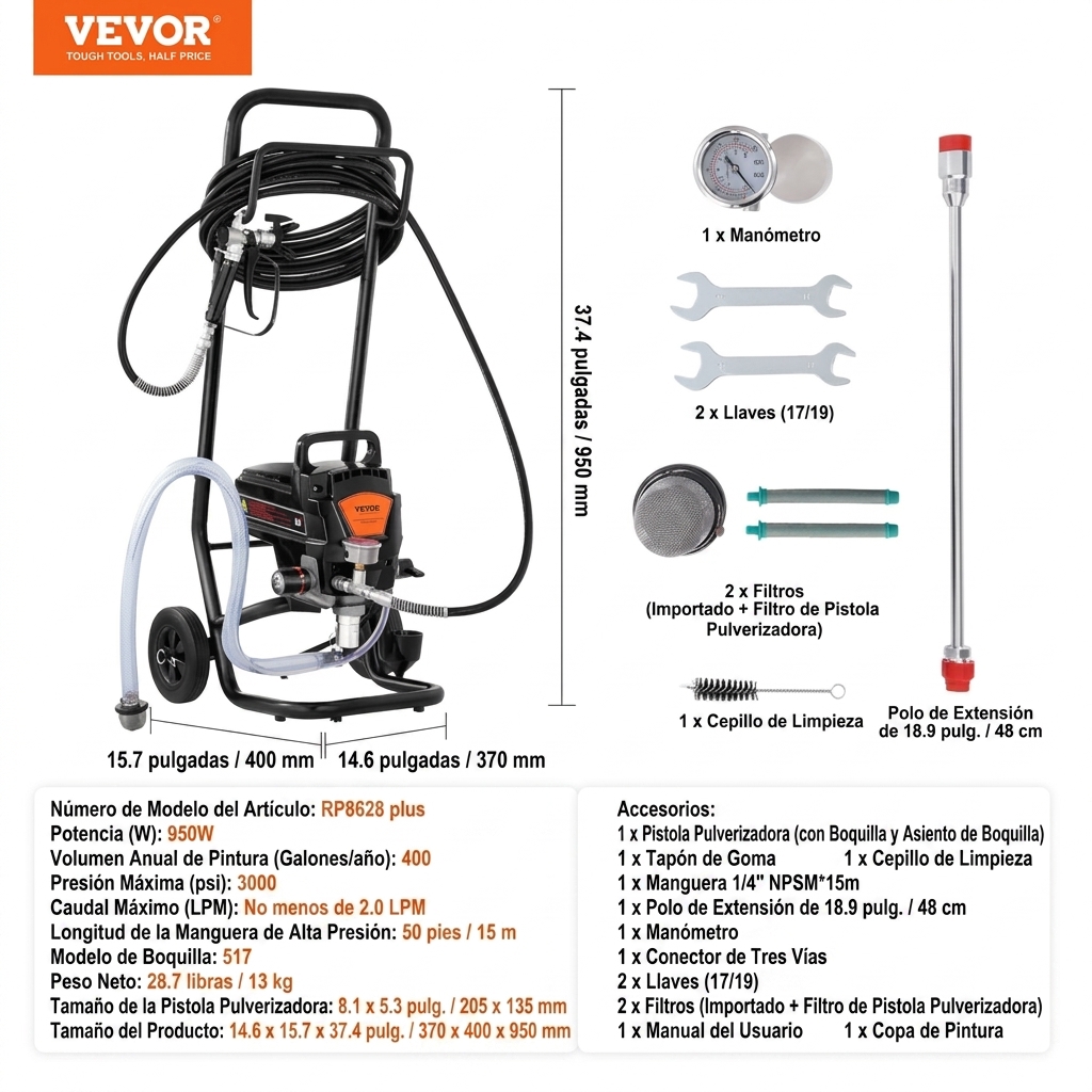 ⭐⭐Pulverizador vertical sin aire – 3000 PSI / 750 W, apto para pintar paredes interiores y exteriores, muebles y vallas | Pulverizador de mano con manguera(Garantía de 3 años)