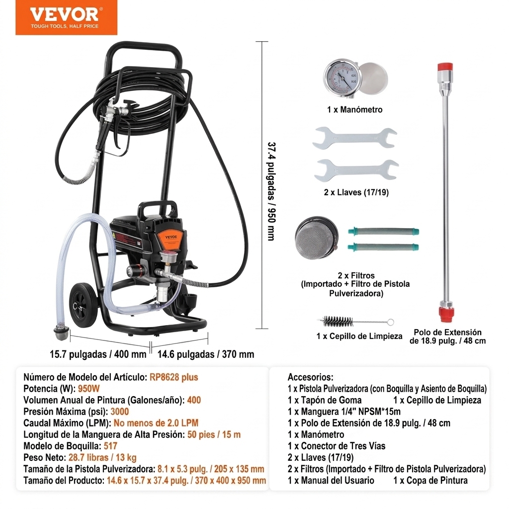 ⭐⭐Pulverizador vertical sin aire – 3000 PSI / 750 W, apto para pintar paredes interiores y exteriores, muebles y vallas | Pulverizador de mano con manguera(Garantía de 3 años)