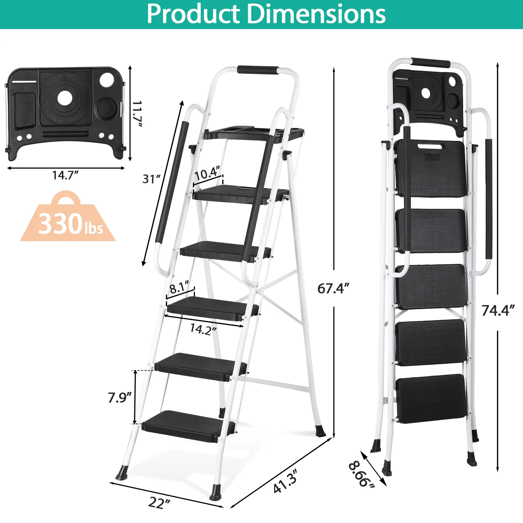 Escalera plegable de acero Summerwins de 5, 4 o 3 peldaños con escalones anchos antideslizantes