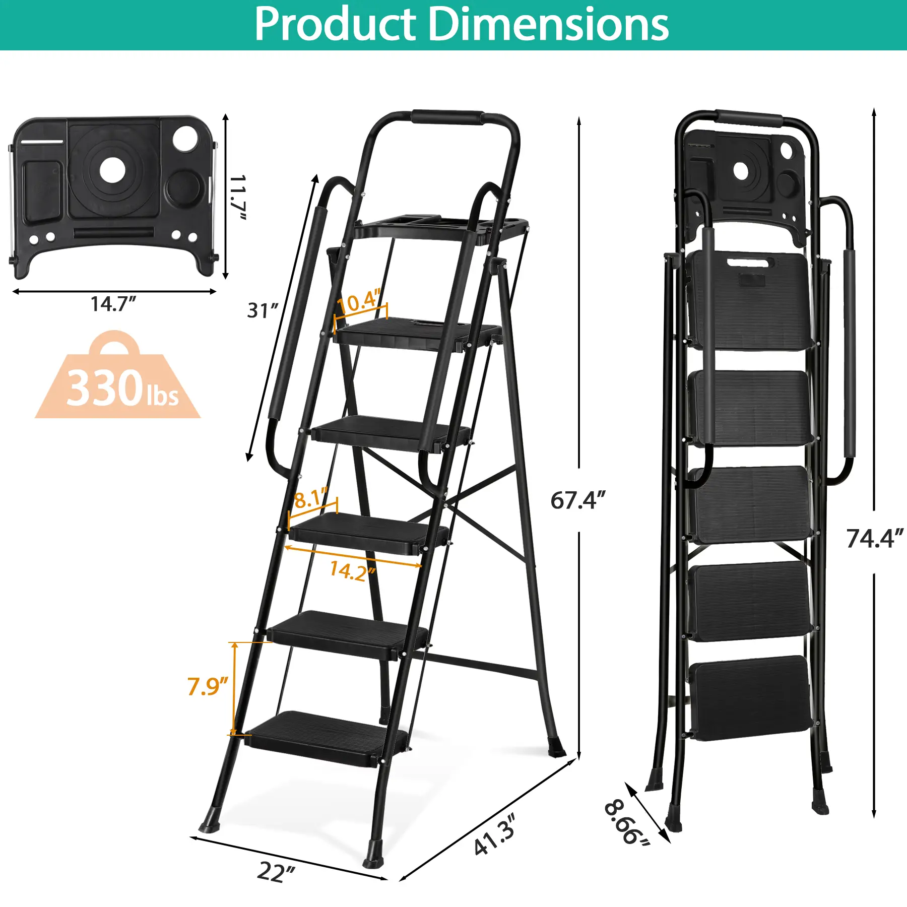 Escalera plegable de acero Summerwins de 5, 4 o 3 peldaños con escalones anchos antideslizantes