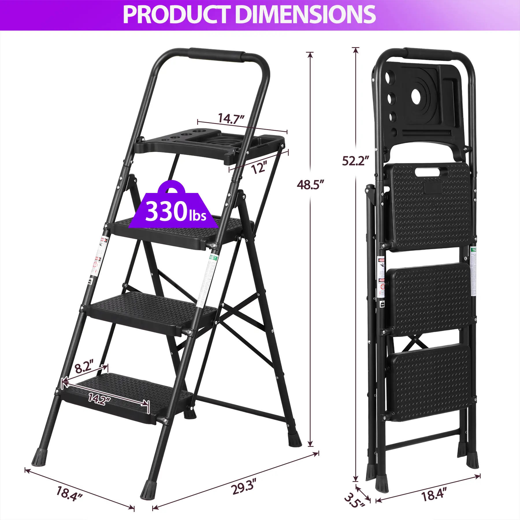 Escalera plegable de acero Summerwins de 5, 4 o 3 peldaños con escalones anchos antideslizantes