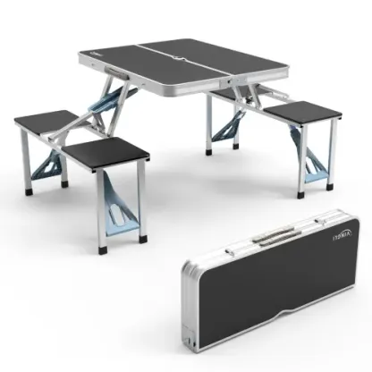 Juego de mesa plegable para campamento y picnic VINGLI de 4 pies con 4 asientos y orificio para sombrilla