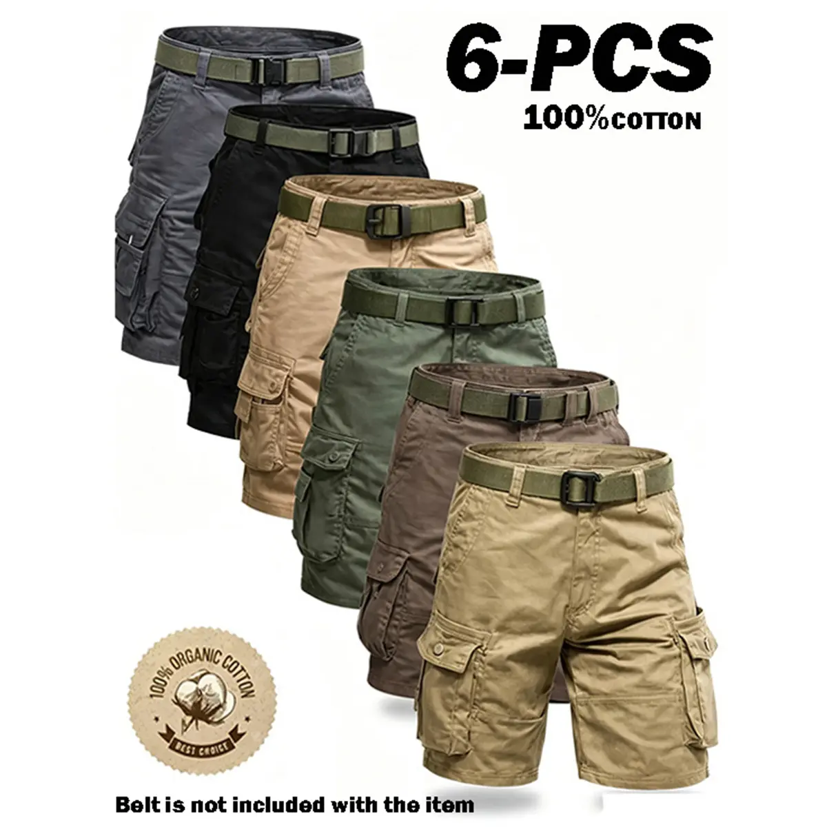 Paquete de 6 pantalones cargo para hombre, shorts tácticos para hombre, shorts para hombre con bolsillos multifuncionales, ideales para golf y actividades al aire libre, shorts de senderismo para hombre, resistentes al desgaste, que no se arrugan y transp