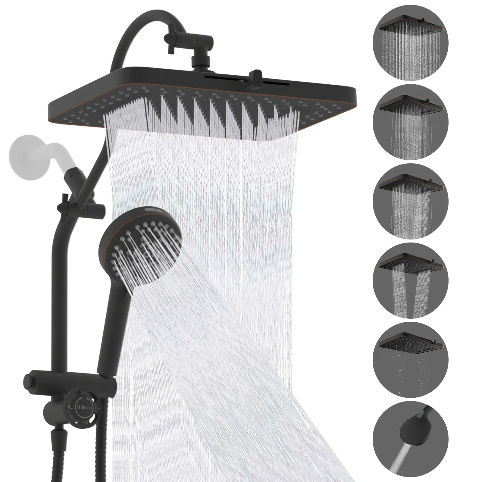 Conjunto de cabezal de ducha fijo cromado mejorado Hibbent - Ducha de lluvia de alta presión de fácil acceso de 13'', cabezal de ducha fijo de 5 chorros, ducha de mano de 10 modos, brazo de extensión de 12'', desviador de 4 vías, manguera de 71'', soporte