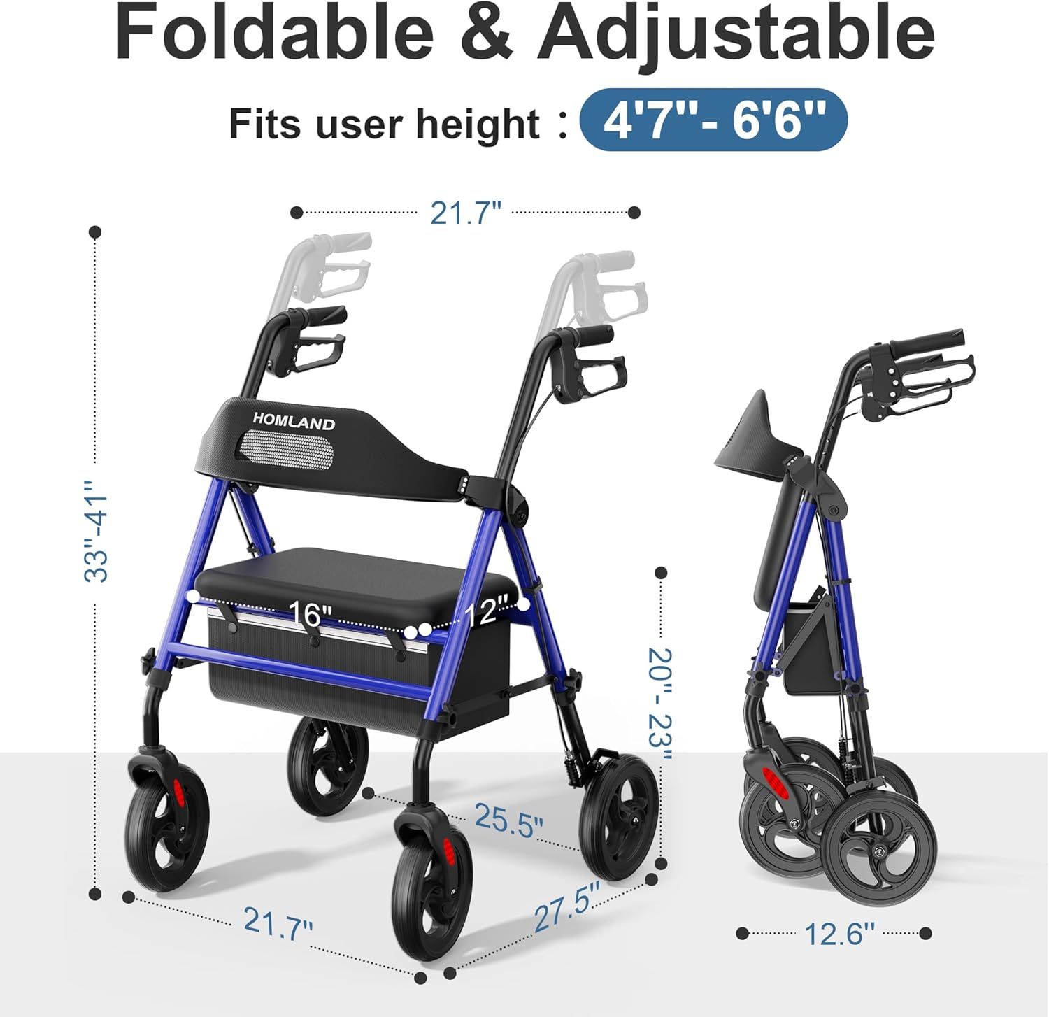 HOMLAND - Caminadores plegables con asiento para personas mayores, ruedas grandes de 8 pulgadas, 350 libras. Capacidad de peso, asas ajustables y altura del asiento, ligero caminante, color azul