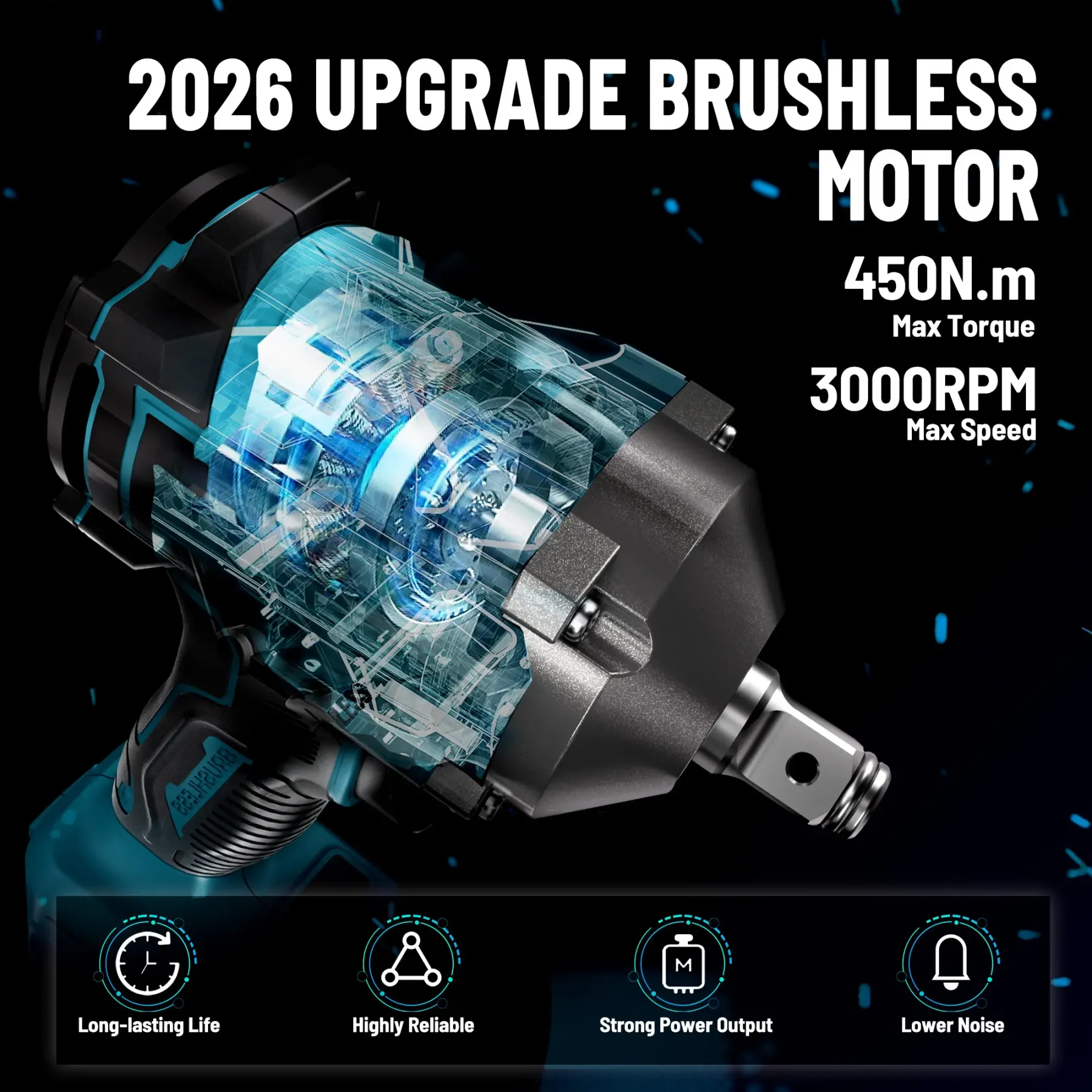 Pistola de impacto 3 en 1 de alto par: llave de impacto inalámbrica sin escobillas de 450 Nm (332 pies-libra) y 1/2", con batería de 4,0 Ah y 4 vasos; herramienta eléctrica para automóviles, montaje de muebles y mecánica.