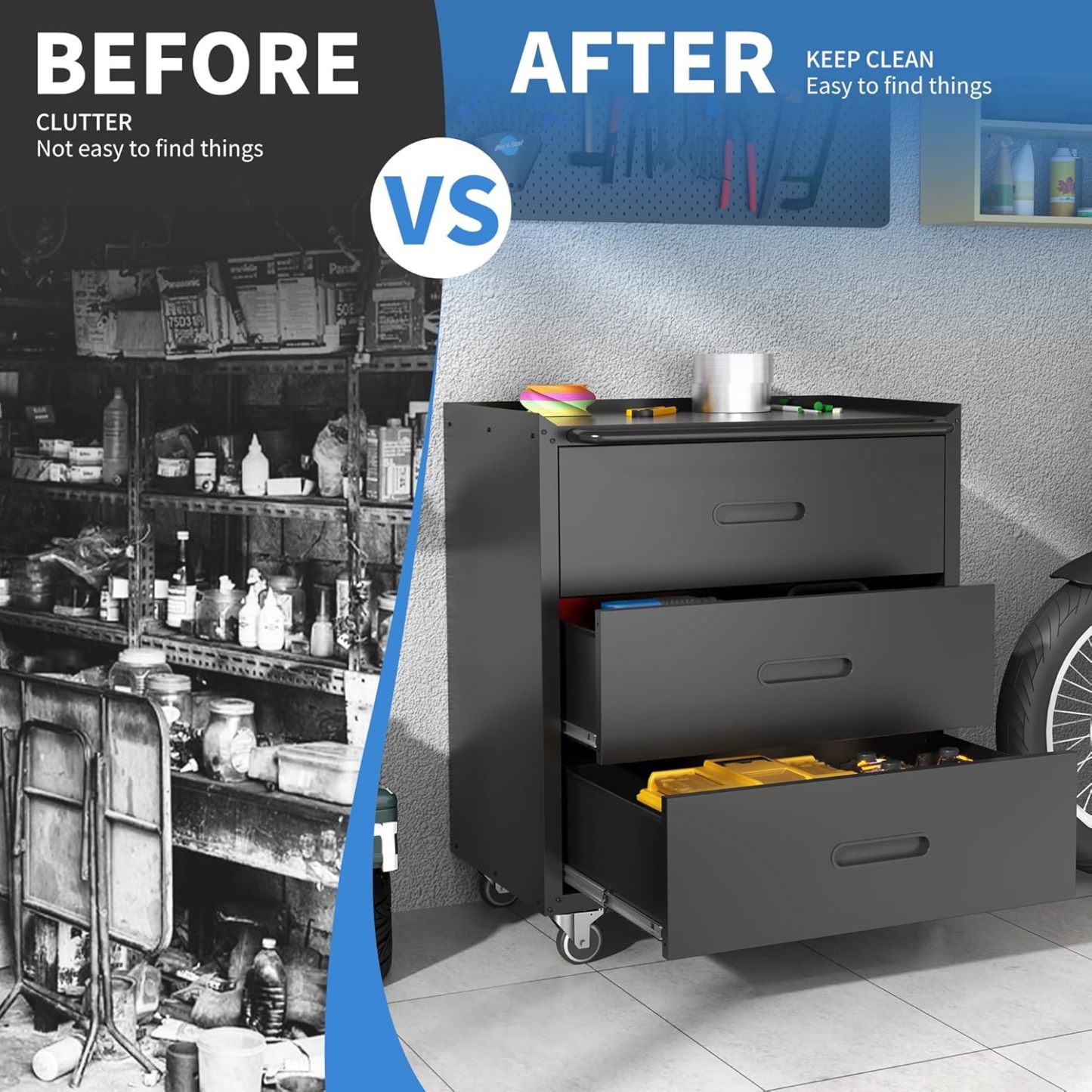 BIZOEIRON - clóset de almacenamiento de metal con ruedas, clóset de cochera con 1 puerta y 4 cajones, almacenamiento de herramientas rodantes, requiere montaje, color negro