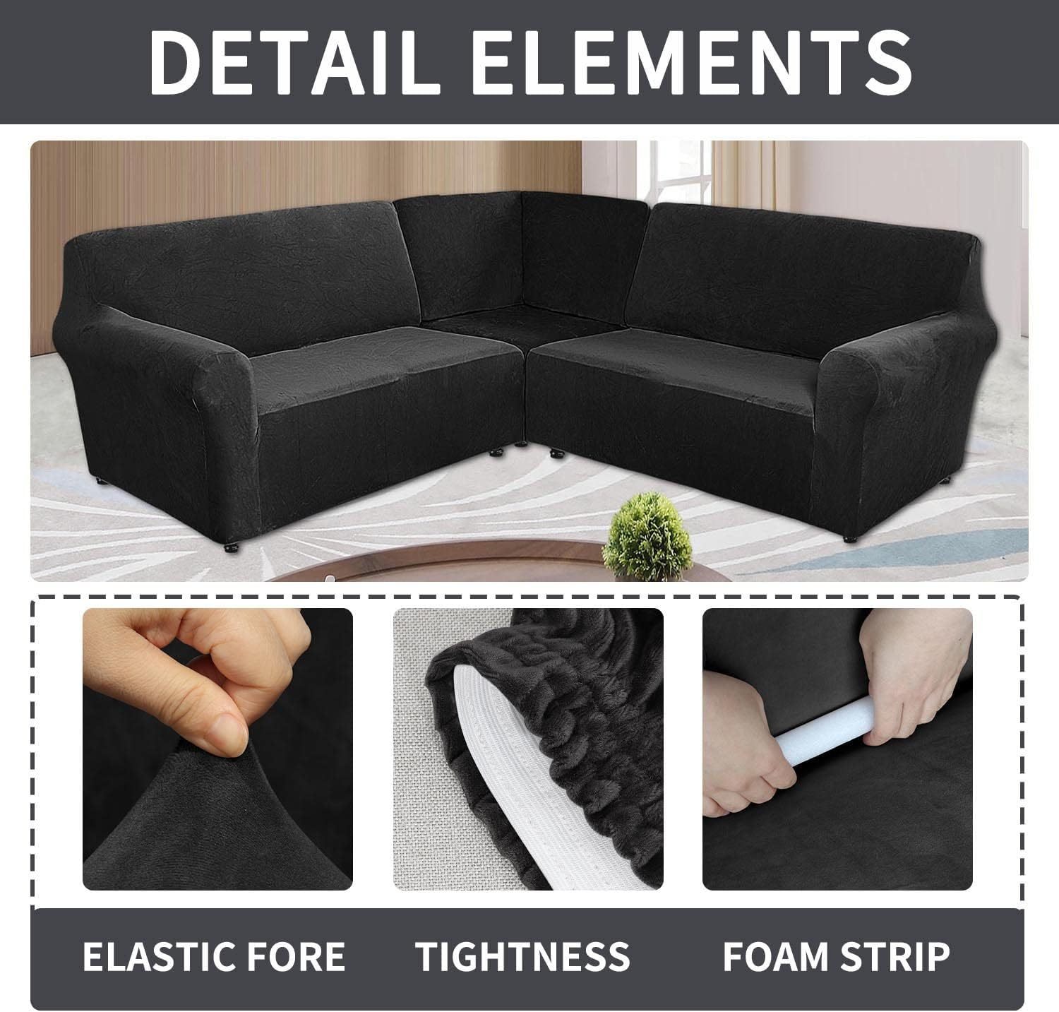 MIFXIN - Fundas de sofá de esquina seccionales de 5 asientos en forma de L, 3 piezas de terciopelo elástico, suave, lavable, protector de sofá para sofás de esquina de 5 plazas (negro)