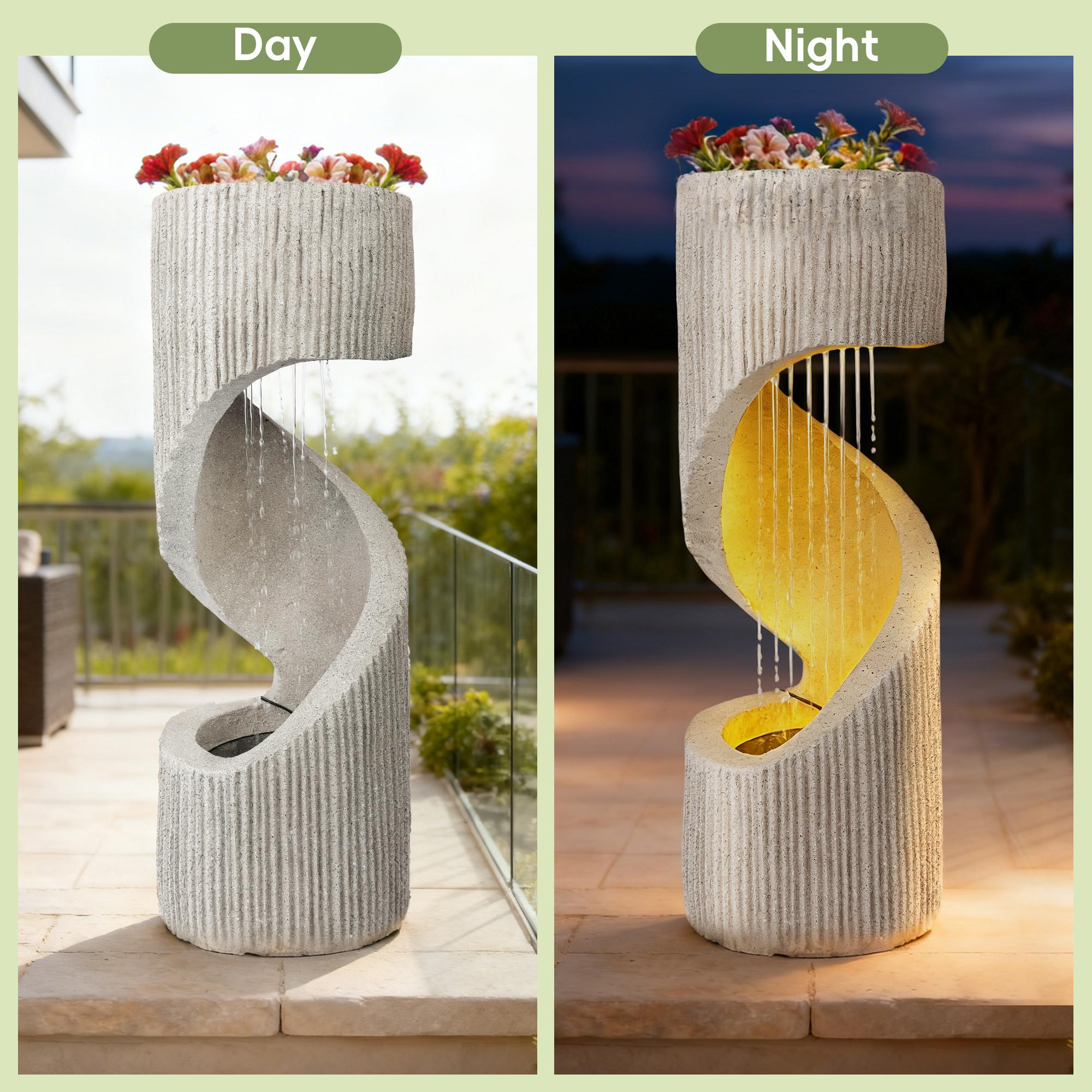 SOLVYA Modern Spiral Column Waterfall Fountain with LED for Garden Patio Decor