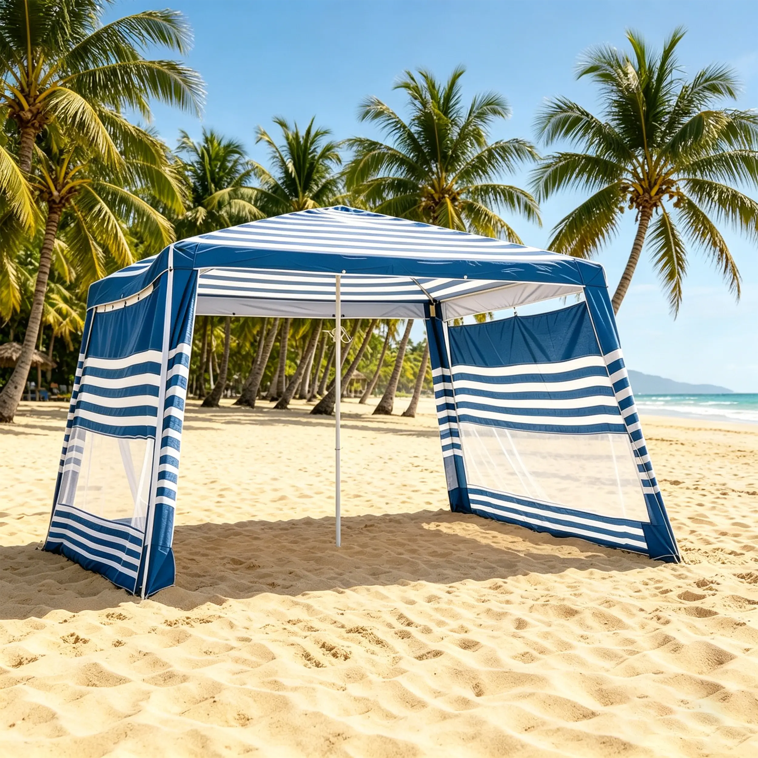 Cabaña de playa, tienda de playa de 8 x 8 pies con protección UPF50+, fácil de montar, resistente al viento, compacta y plegable; refugio solar ideal para vacaciones, camping y actividades al aire libre en verano con familiares y amigos (azul y blanco).