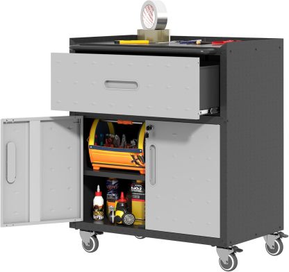 BIZOEIRON - clóset de almacenamiento de metal con ruedas, clóset de cochera con 1 puerta y 4 cajones, almacenamiento de herramientas rodantes, requiere montaje, color negro